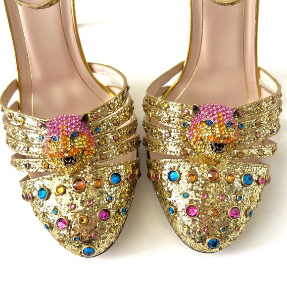 GUCCI || Crystal Tiger Head Gold Stone Embellished Heels Pumps EU 40.5 US 10.5 - Picture 4 of 16